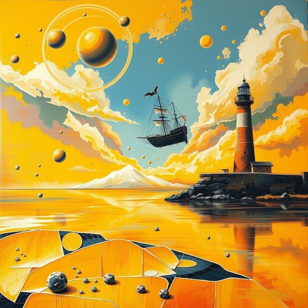 Surreal Seaside Landscape with Upside-Down Pirate Ship