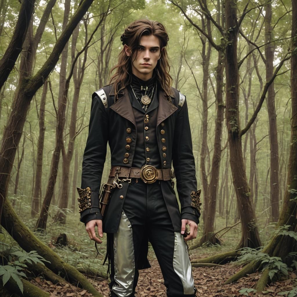 Teen Pan in Forest Clearing with Steampunk Engine