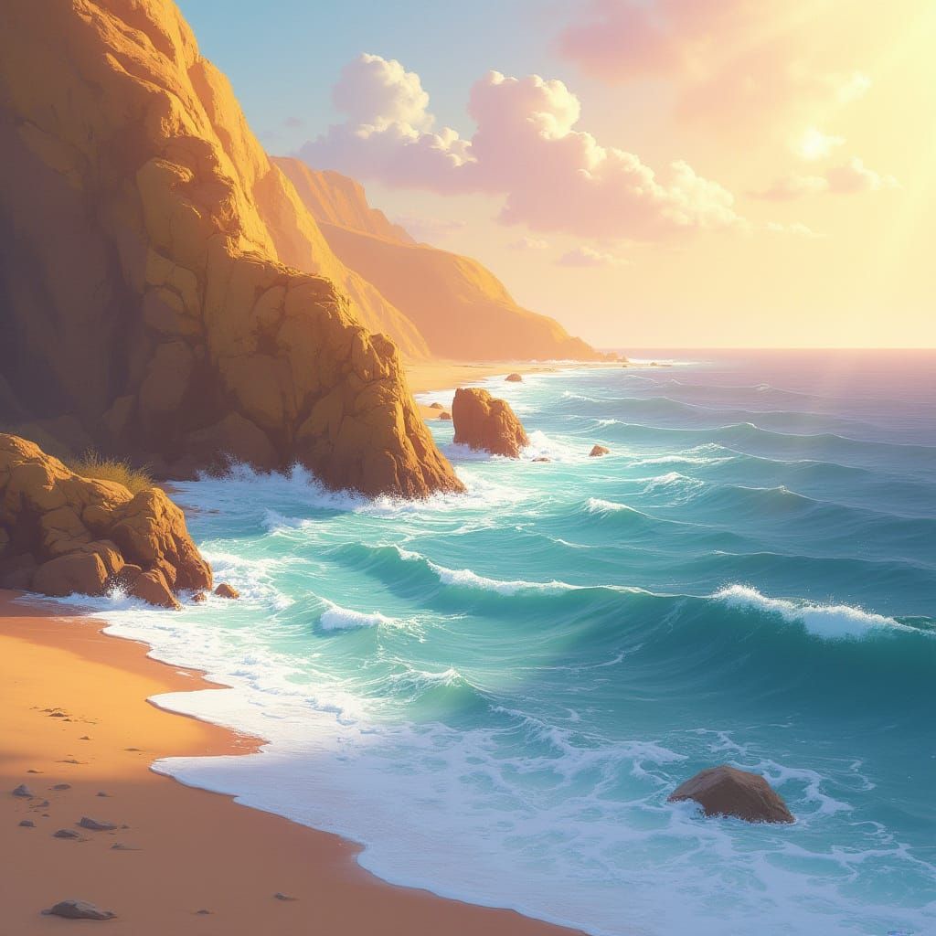 Dreamy Oceanside Landscape with Golden Rocks