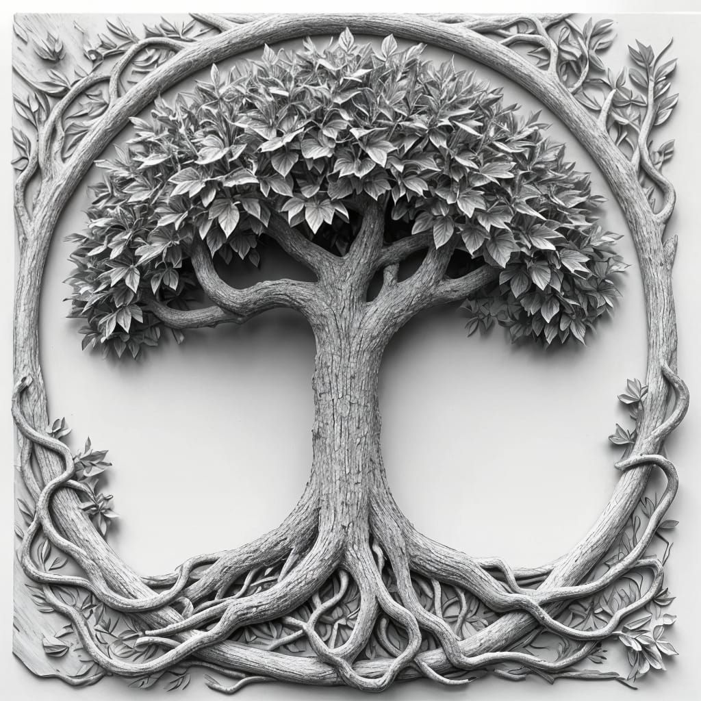 Tree Sculpture in Bas Relief with Intricate Branches and Roo...
