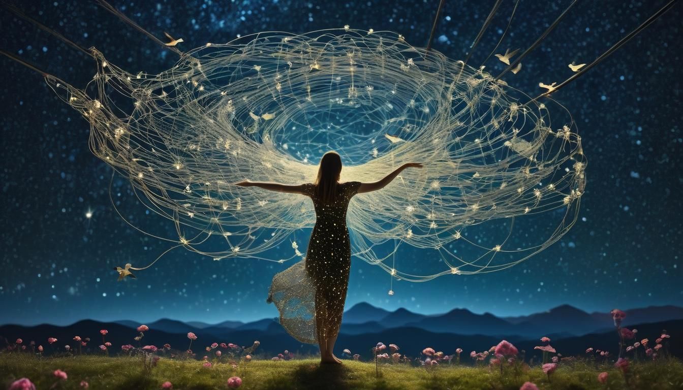 String Woman Dancing with Birds in Surreal Starry Night