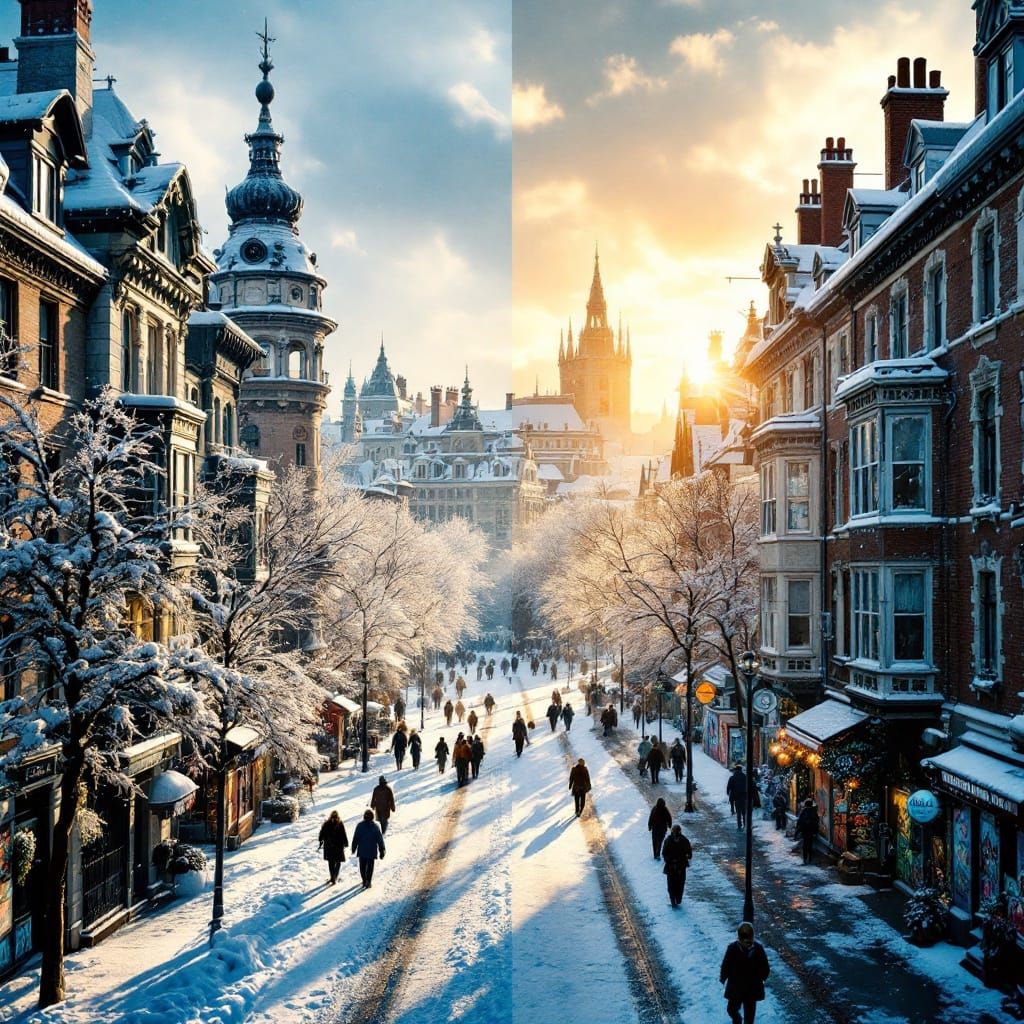 Dramatic Urban Landscape with Snow-Kissed Buildings and Sunl...