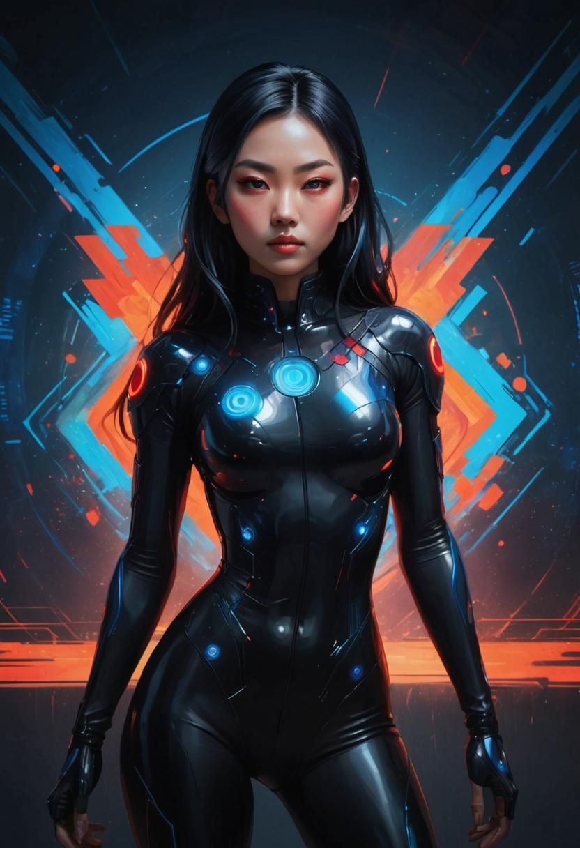 Sultry Futuristic Asian Goddess in Neon Cyberpunk Style