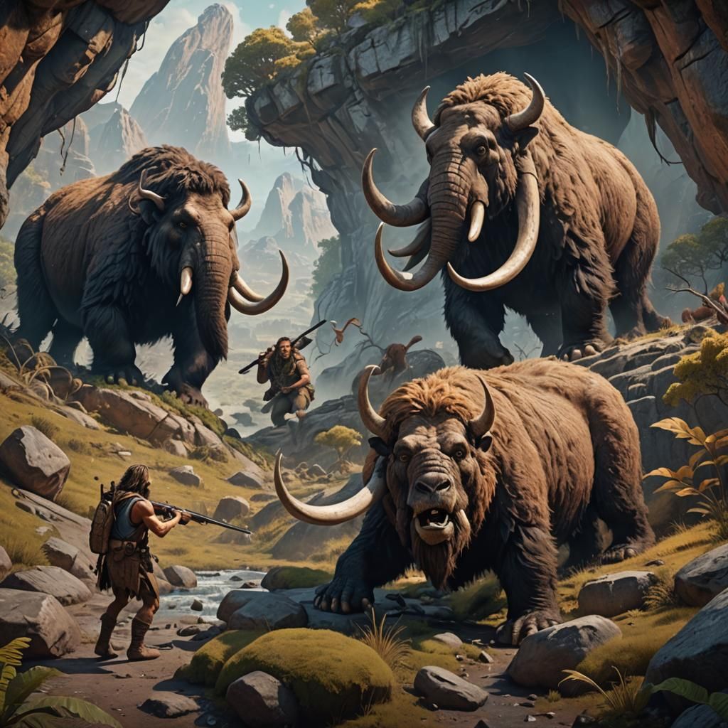 Caveman Hunting Mammoth with Rifle: Era Collision