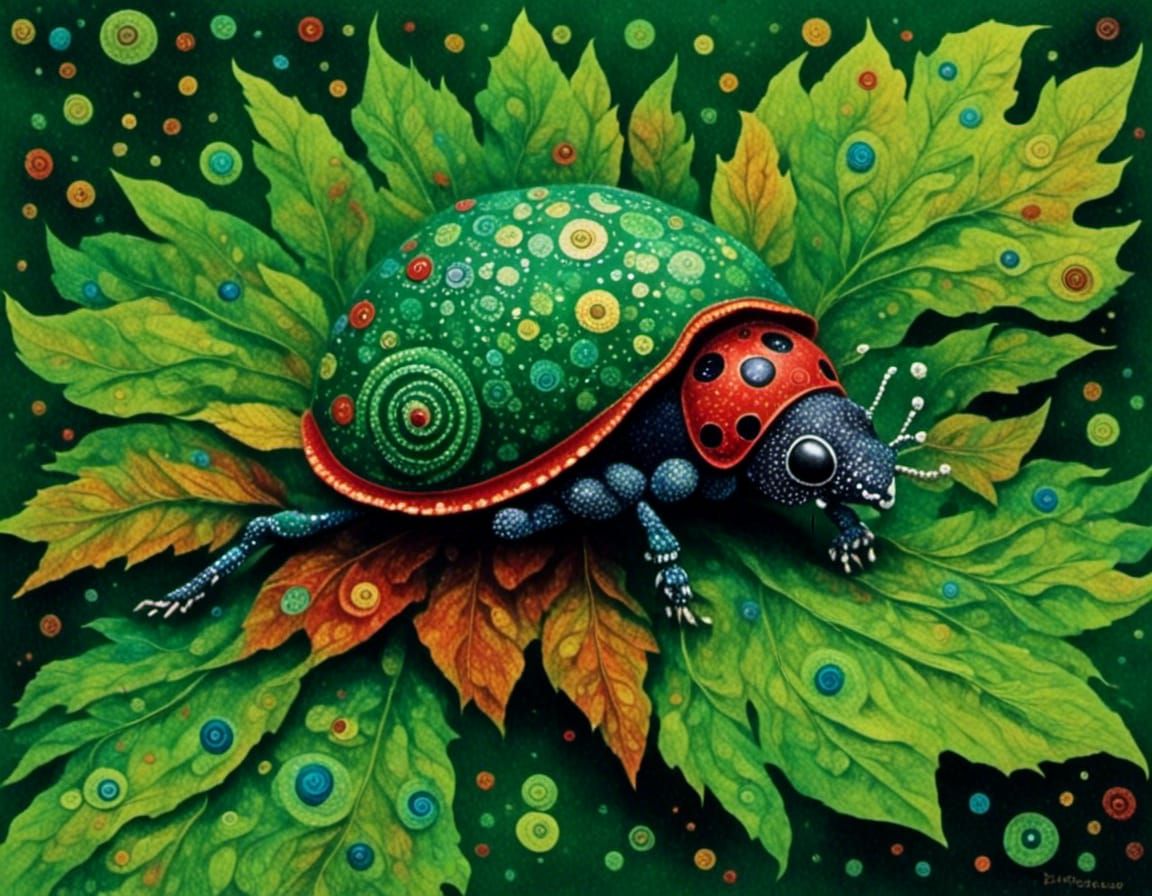 Ladybug Crawling on Leaf with Dotted Art Style