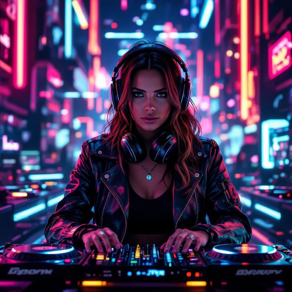 Electronic Music Enthusiast in Cyberpunk Neon Setting