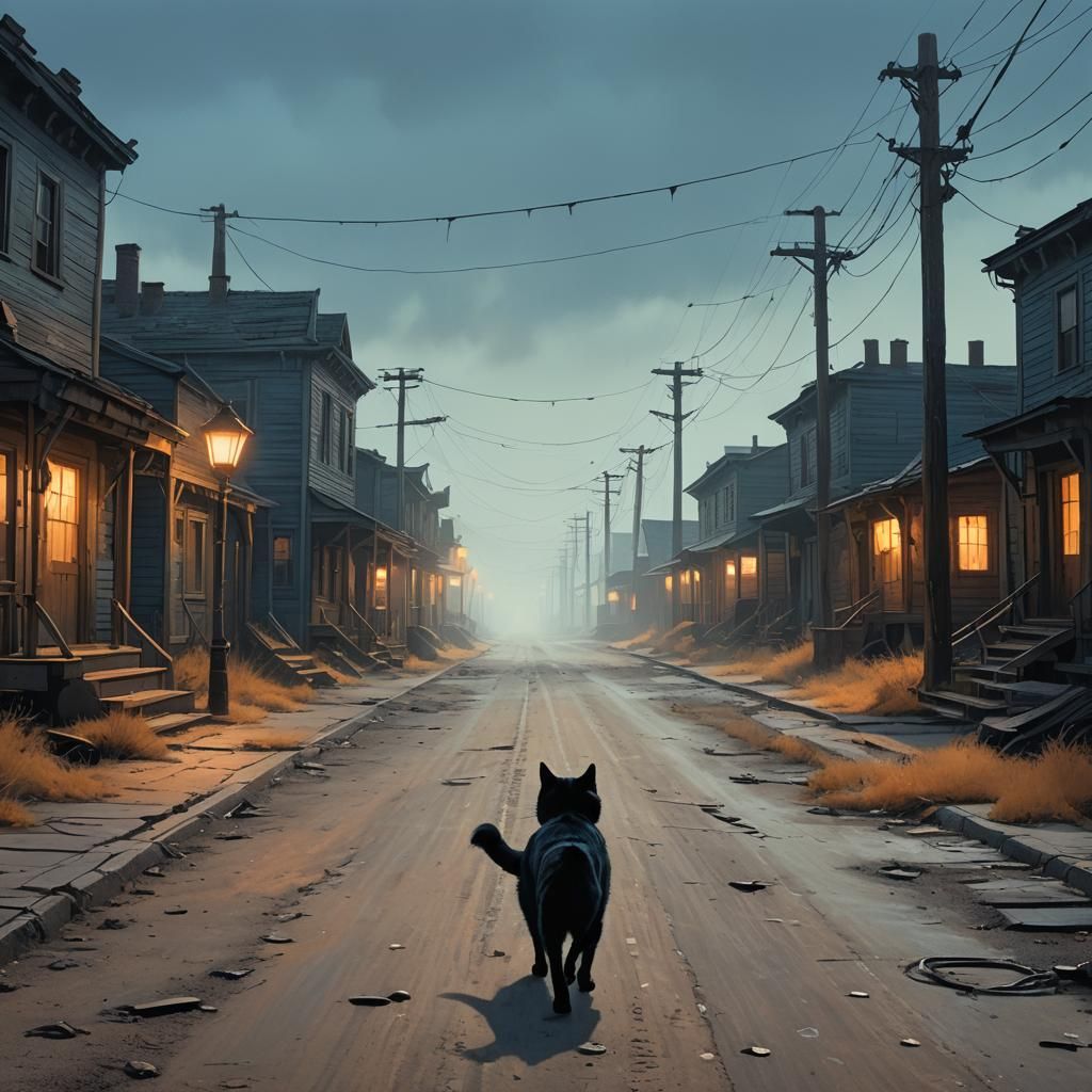 Black Cat in Ghost Town: Atmospheric Matte Painting