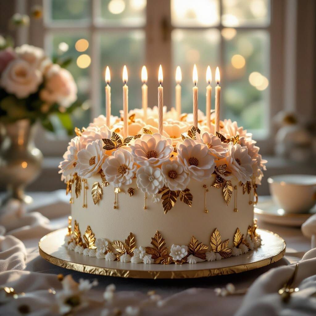 Lavish Birthday Cake with Sugar Flowers and Gold Leaf