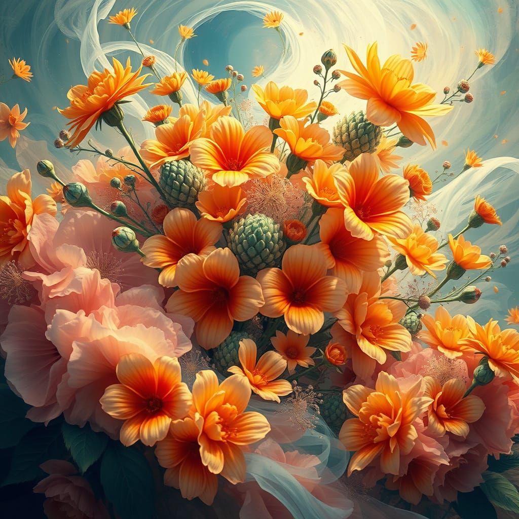 Dreamlike Floral Explosion in Vibrant, Hyper-Realistic Art