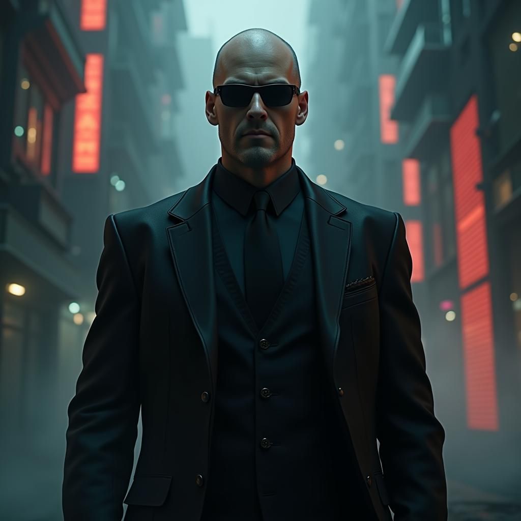 Agent Smith in Dystopian Cyberpunk Cityscape