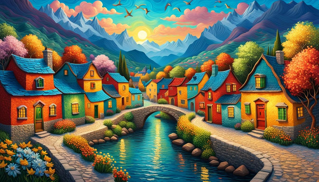 Colorful Village Landscape with Impasto Textures