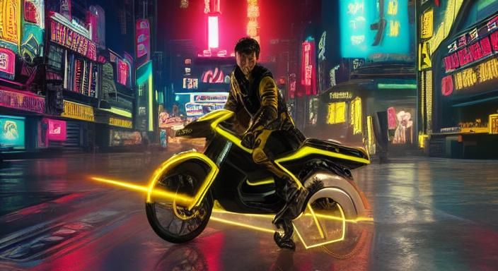 Golden Horse Rides Jetbike in Cyberpunk Style