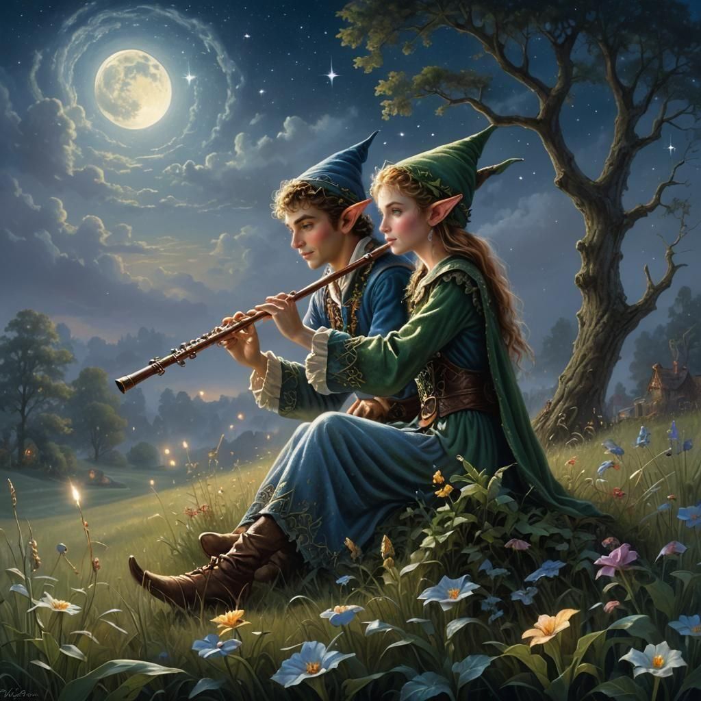 Ethereal Elf Flute Serenade Under Moonlight