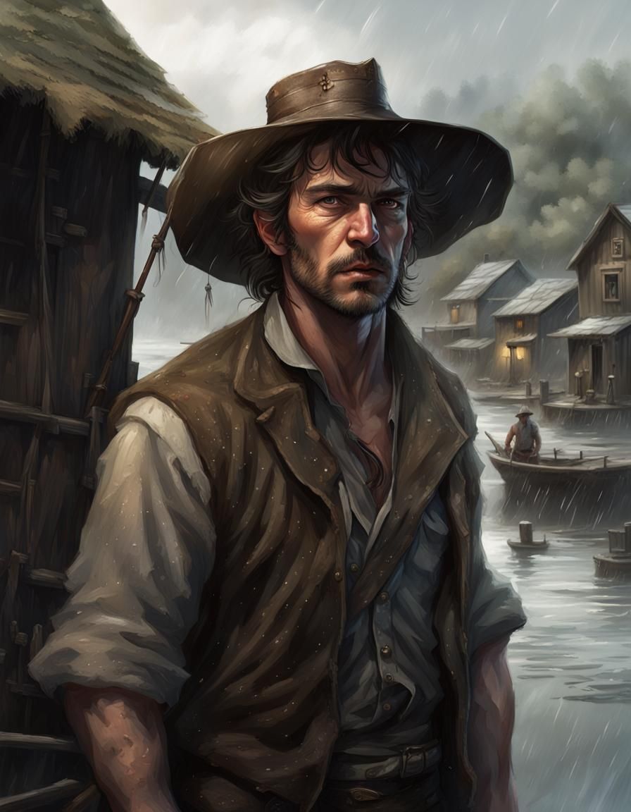 Fantasy Sheriff in Rainy Fishing Village, Detailed Digital A...