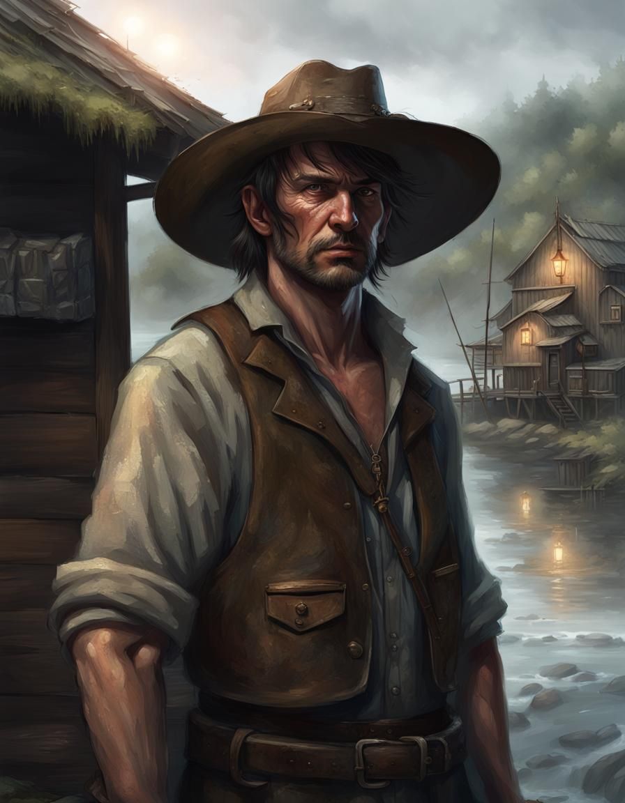 Fantasy Sheriff in Rainy Fishing Village, Dark Art