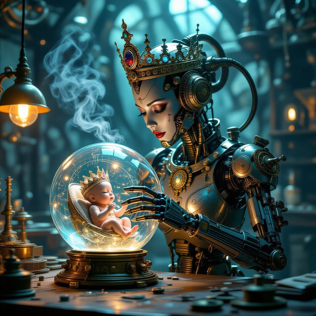 Steampunk Automaton Crafts Cyborg Baby in Glass Sphere