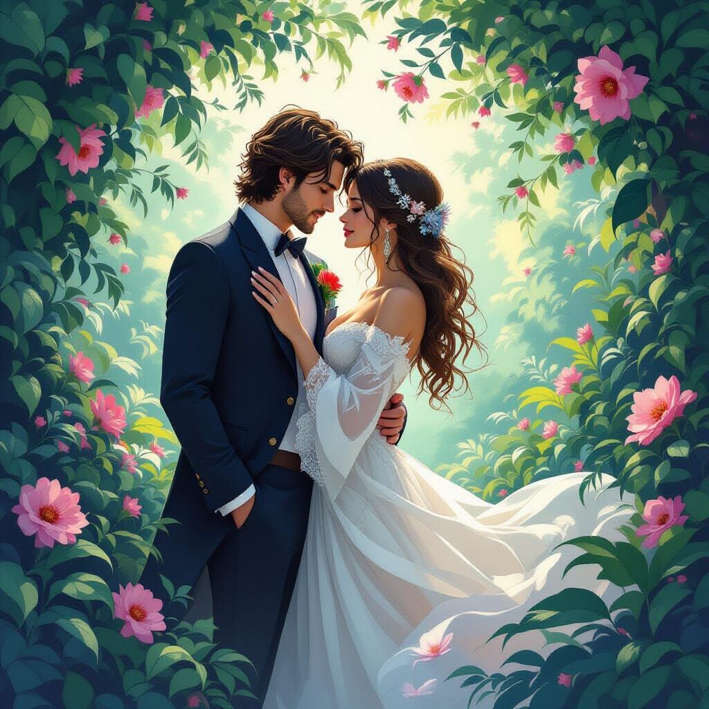 Ethereal Couple Surrounded by Vibrant Foliage