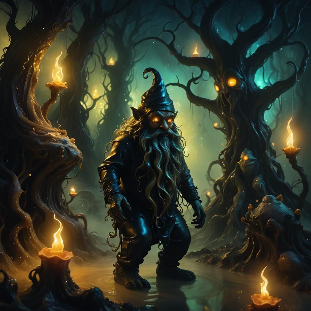 Surreal Gnome Creature in Iridescent Mist