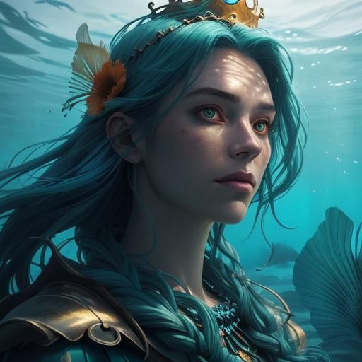 Mermaid with Peacock Tail in Underwater Portrait