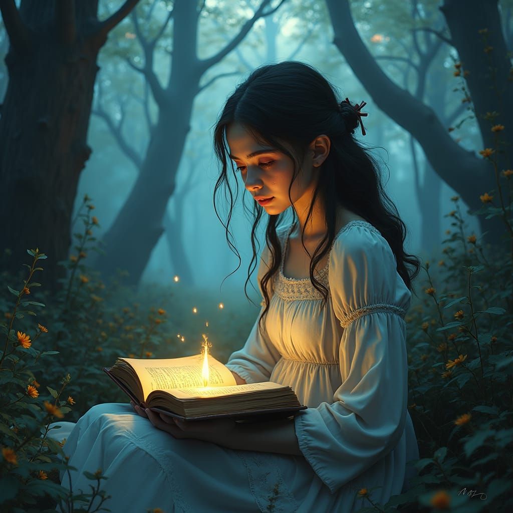 Melancholic Woman in Mystical Forest Contemplates Book