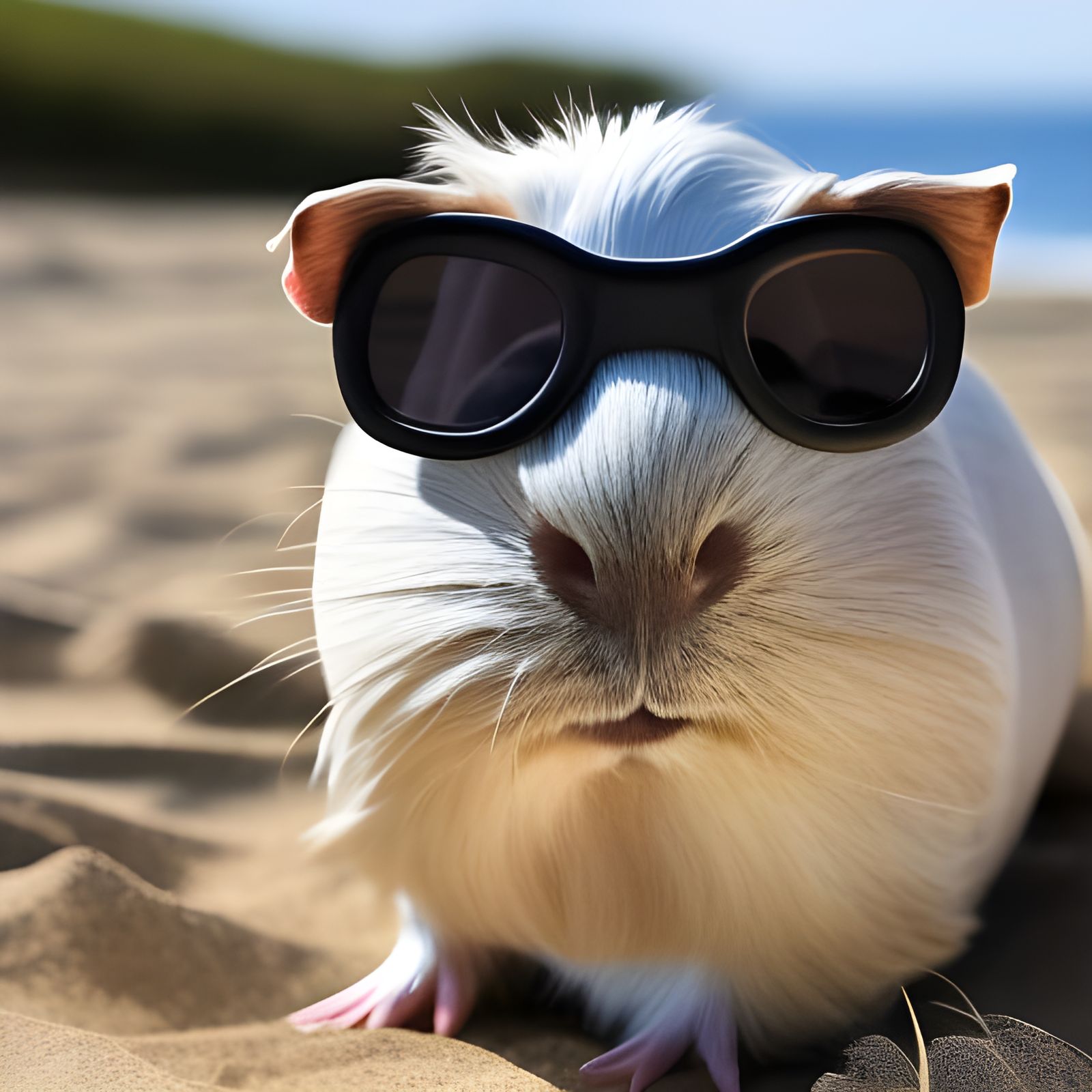 Guinea Pig in Sunglasses Relaxes on Beach
