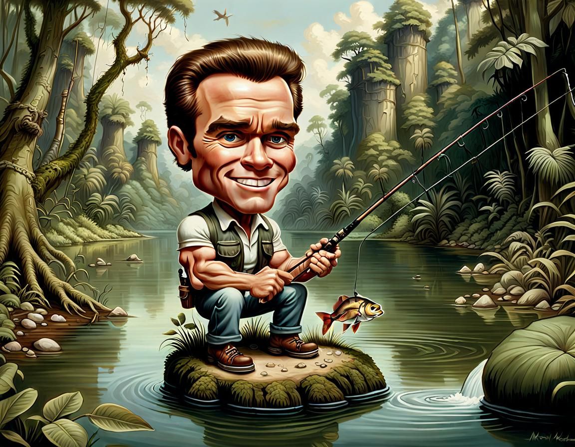 Arnold Schwarzenegger Fishing: Mark Ryden Caricature