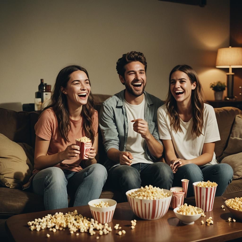 Friends Laughing at Movie Night: Cinematic Still