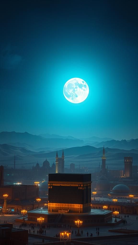 Majestic Kaaba Under a Blue Moonlit Sky