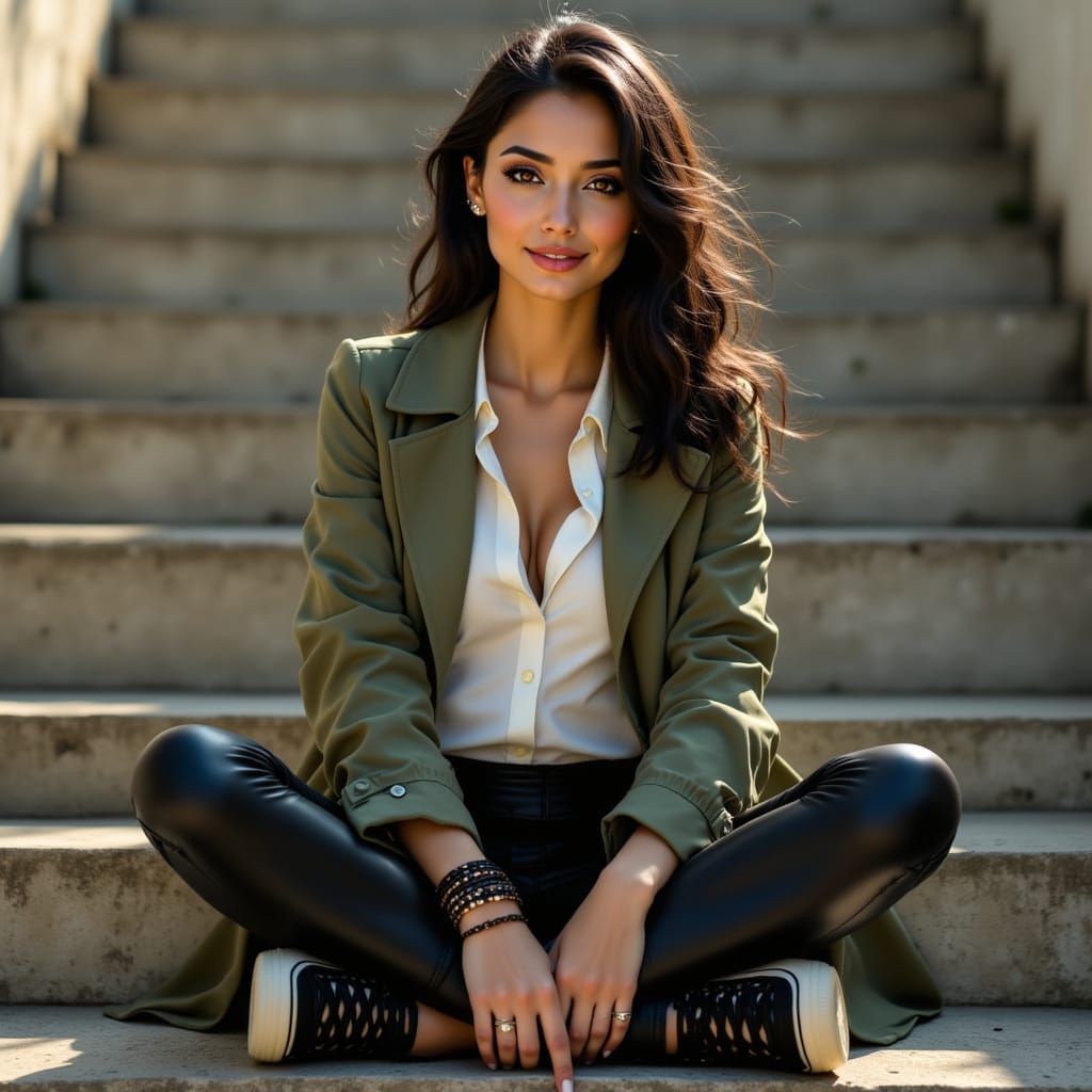 Venezuelan Woman in Trench Coat on Concrete Steps