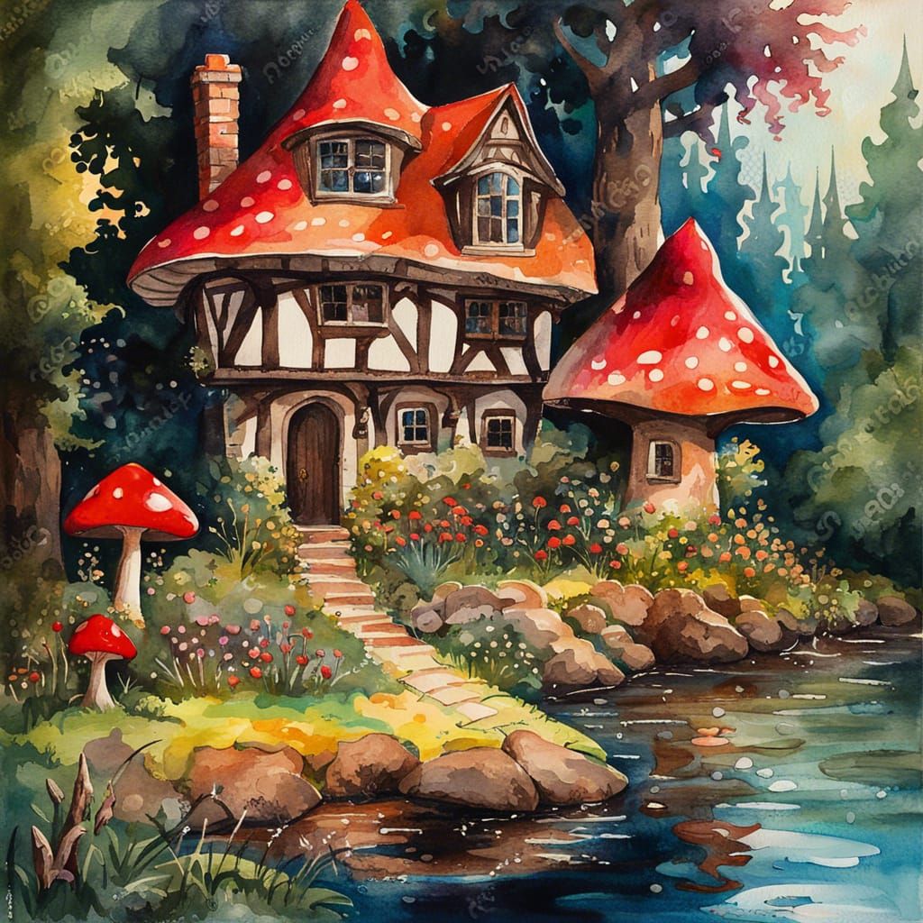 Fairytale Cottage and Dark Forest in Gouache Style