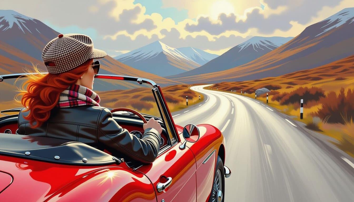 Scottish Woman Drives Classic Car: Impasto Gouache Style