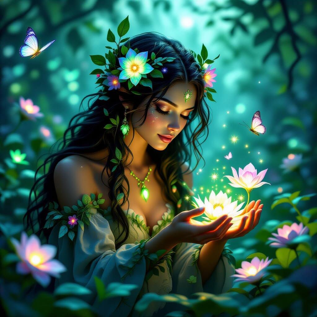 Garden Alchemist Tends Magical Flowers in Twilight
