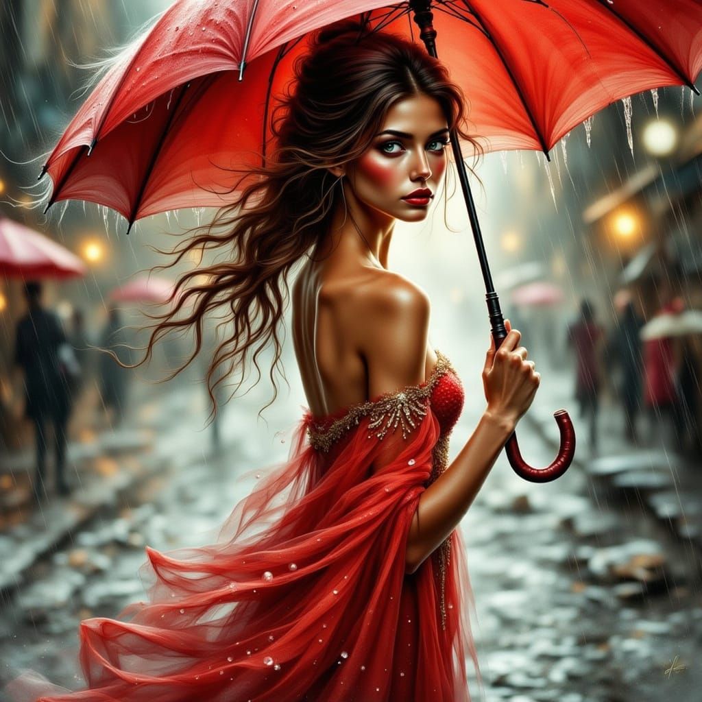 Ethereal Woman in Silk Dress, Red Umbrella, Amidst Dusk Down...