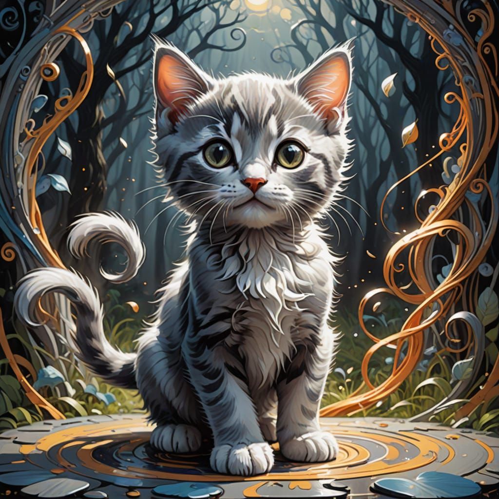 Whimsical Feline Encounter in Dreamlike Comic Book Style