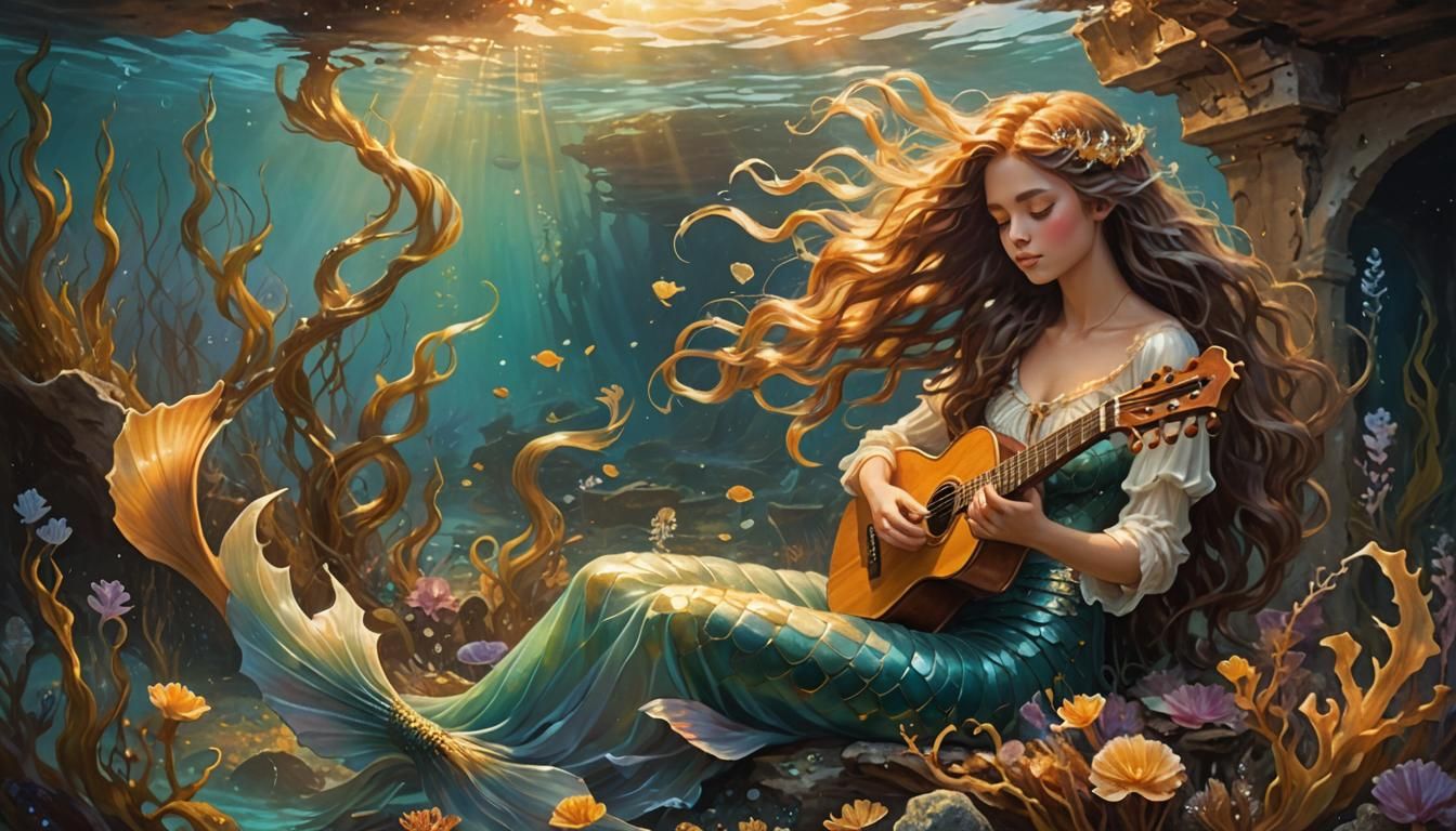 Mermaid's Golden Hour Lyre Concert: Oil Painting