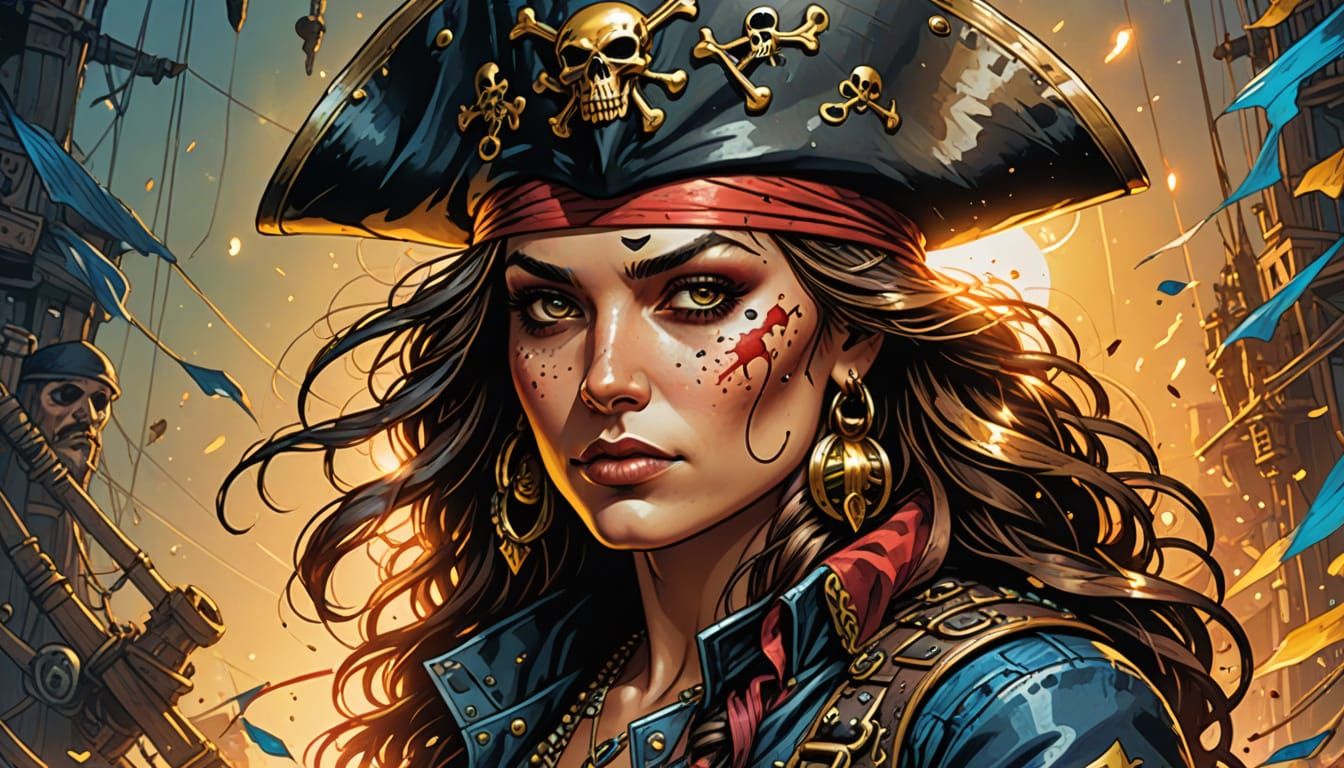Pirate Woman Portrait in Comic Book Art Style