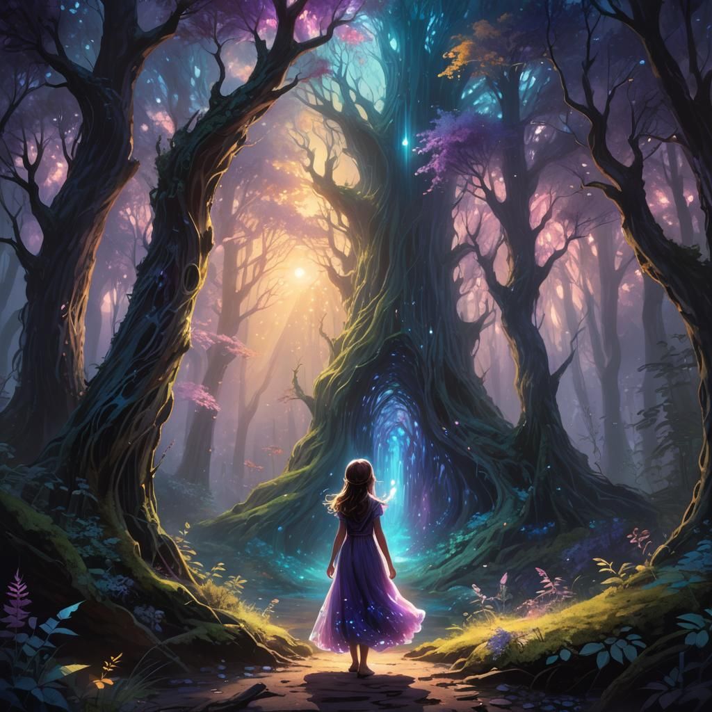 Mystical Portal Beckons Little Girl in Fantasy Forest