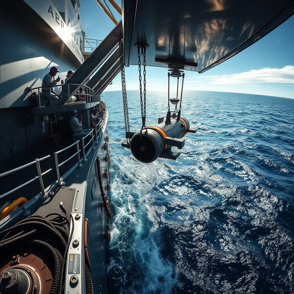 Modern Research Vessel Deploying Submersible in Deep Ocean