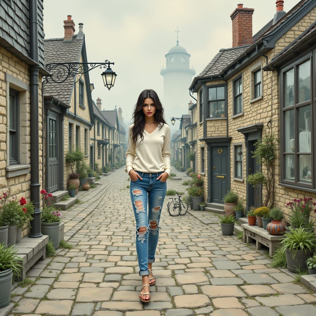 Misty Coastal Village Scene in Moebius-Inspired Ink Style