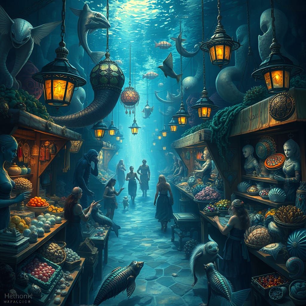 Underwater Marketplace: Merfolk and Humans Trading Fantasy A...