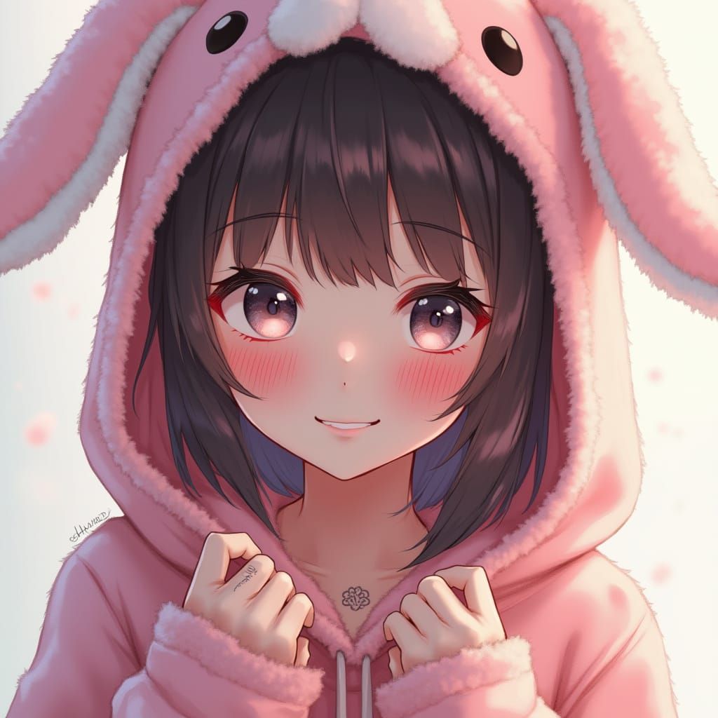 Anime Girl Exudes Cool and Hot Aura in Pastel Pink Bunny Hoo...