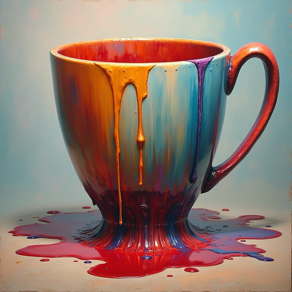 Surreal Melting Cup Sculpture in Dreamlike Colors