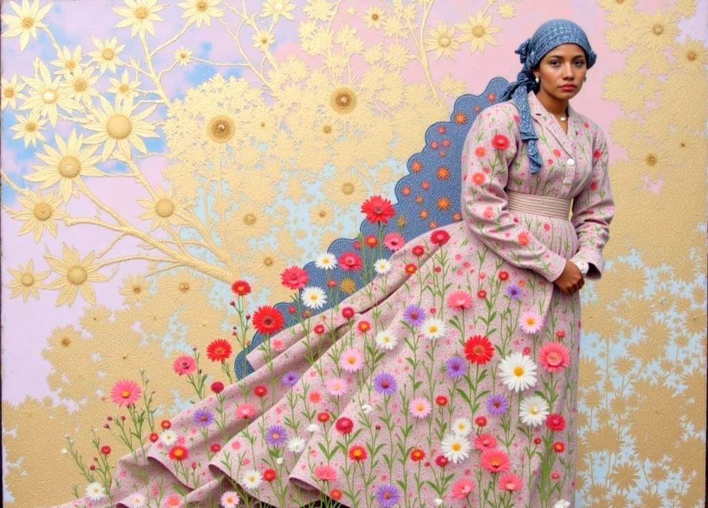 Woman with Floral Background in Klimt Style