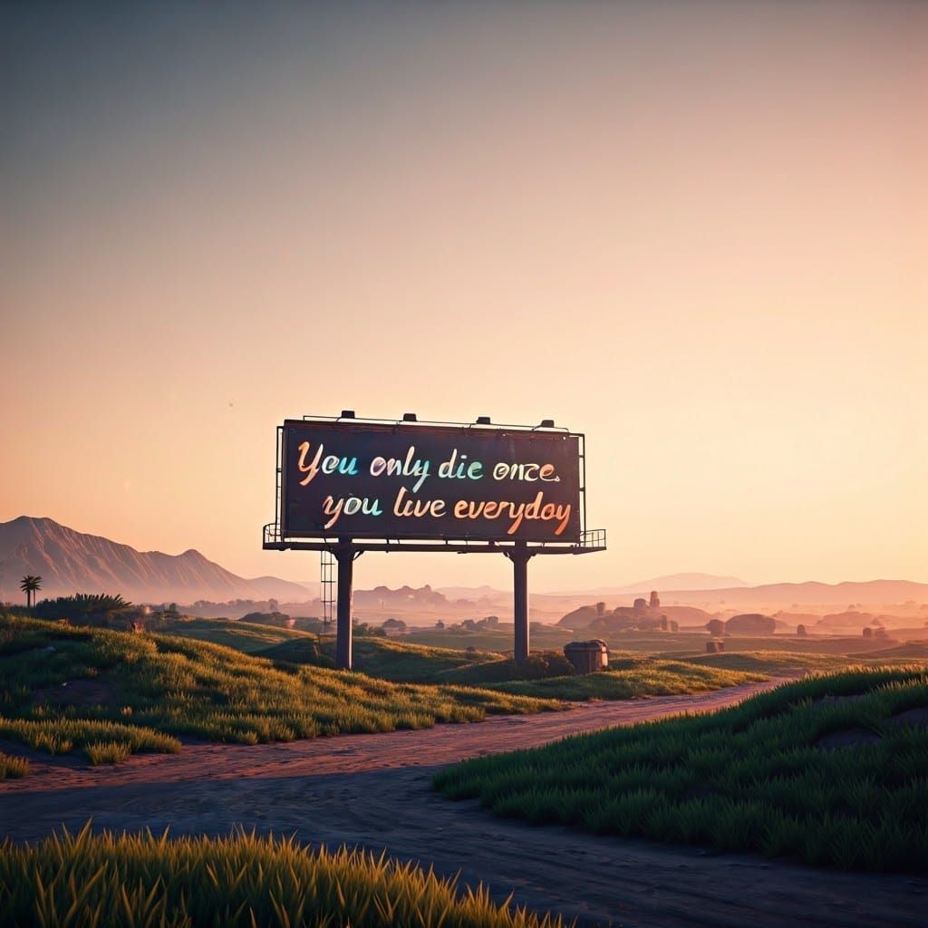 Rustic Billboard Art in Dreamlike Landscape