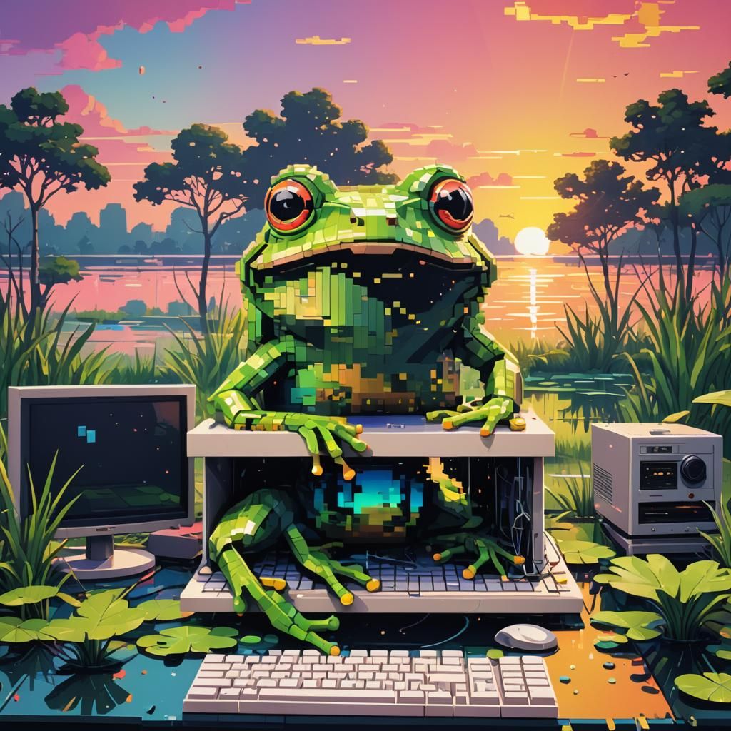 Cute Pixelated Frog Portrait in 80s Style