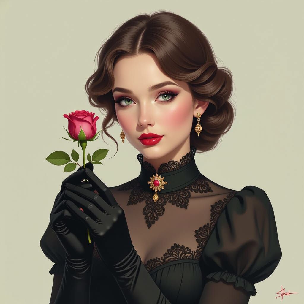 Mysterious Woman with Rose in Dreamlike Style