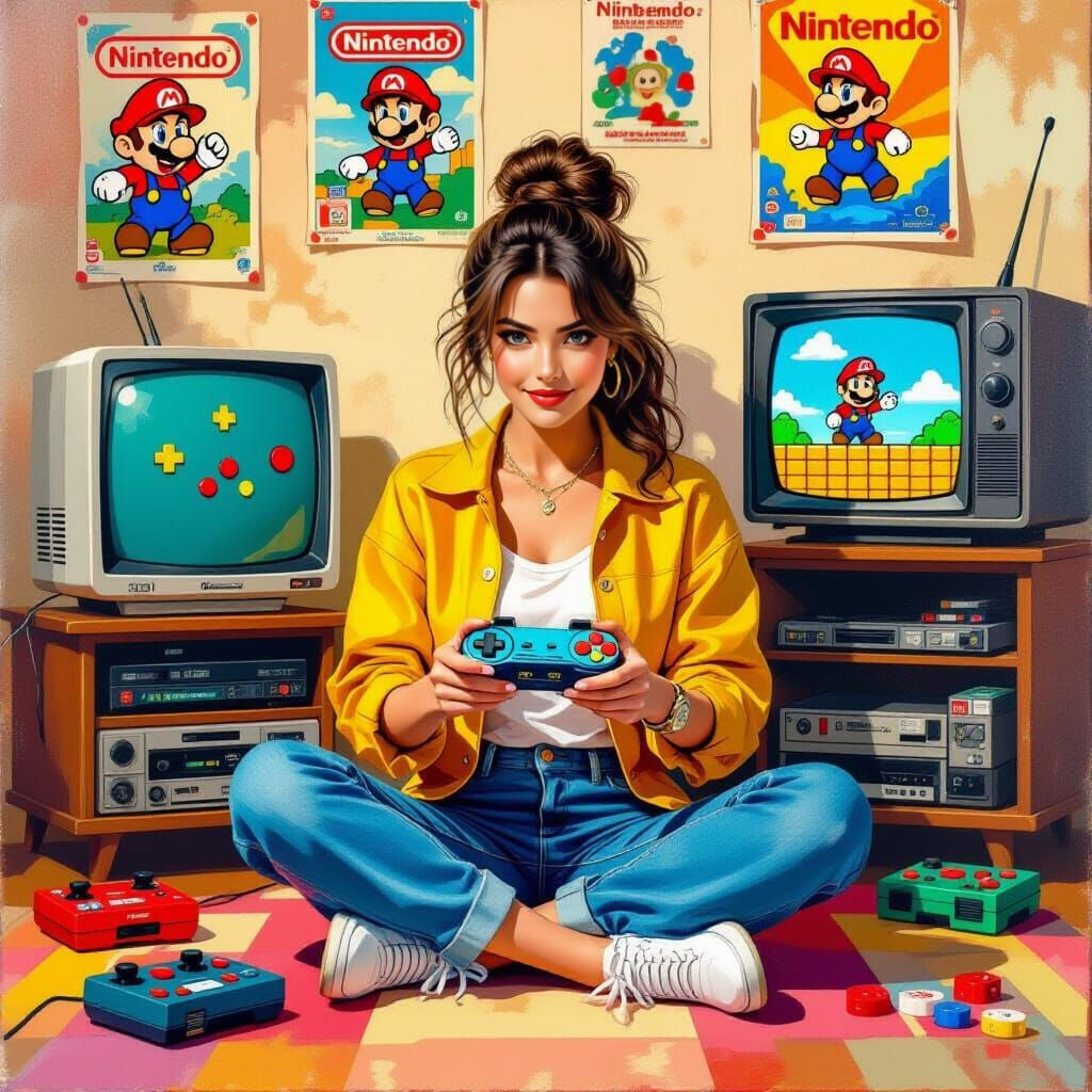 Retro Gamer Girl in Oil Painting Style
