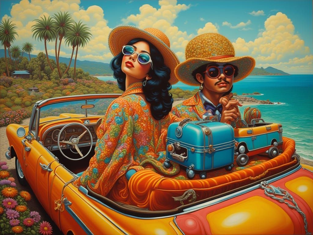 Vintage Convertible Trip in Fantasy Realism Style
