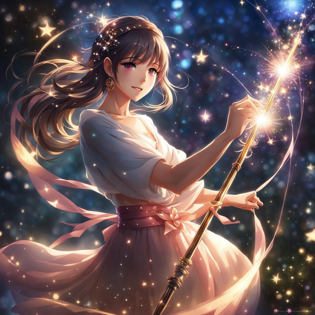 Create a realistic picture of dancing and moving face girl, surrounded by magical sparkling environment...