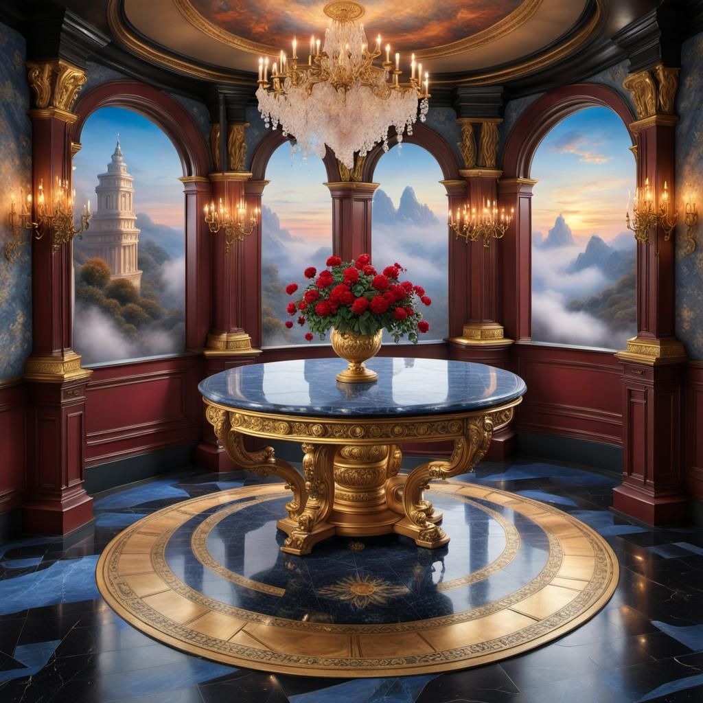 Opulent Circular Room with Roman Carvings